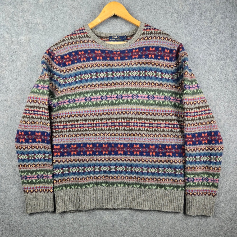 Polo Ralph Lauren Sweater Womens Large Multi Fair Isle Wool Knit Pullover Crew